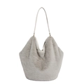 Faux rabbit fur hobo bag in grey with white leather strap and gold ring buckles - Gray