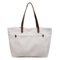 Minimalist beige canvas tote bag with brown leather handles and large front pocket - White