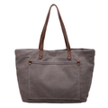 Dark grey canvas tote bag with brown leather handles and a large front pocket - Gray