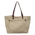Minimalist large canvas tote bag in beige with brown handles and front pocket - Khaki