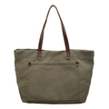 Minimalist army green canvas tote bag with brown leather handles and front pocket - Green