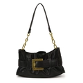 Retro black pleated underarm bag with a wide strap and large gold metal buckle - Black