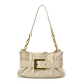 Chic beige soft leather cloud tote bag with stylish pleated design and gold buckle details - White
