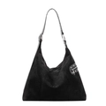 Classic black suede hobo shoulder bag with silver rivet details and zipper accents - Black