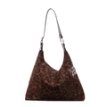 Brown leopard print suede hobo bag with adjustable leather strap and silver hardware - Leopard Print