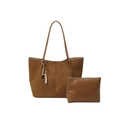 Borsa tote vintage in pelle scamosciata marrone con pochette e ciondolo in legno - Con Ciondolo / Marrone