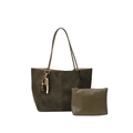 Set borsa tote in pelle scamosciata verde oliva con pochette e ciondolo di perline - Con Ciondolo / Verde