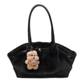 Bolso de mano de peluche negro con asa de cuero sintético y adorno de oso marrón - Con Colgante / Negro