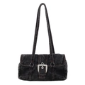 Retro Schultertasche aus schwarzem Denim mit Silberschnallen und Doppelriemen - Schwarz