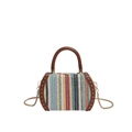 Fashionable colorful striped straw handbag with gold rivets and leather round handles - Colorful Brown