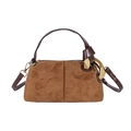 Brown suede tote bag with contrast faux leather handles and gold knot hardware detail - Brown