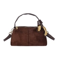 Dark brown suede tote bag with shiny leather trim and large golden geometric buckle - Brown