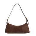 Bolso de hombro minimalista de ante marrón con costuras vintage y hebillas de metal dorado - café