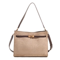 Retro-Shopper aus hellbraunem Wildleder mit dunklem Lederbesatz und goldenem Drehverschluss - Beigegrau