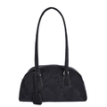 Minimalist black suede half-moon shoulder bag with sleek cylindrical handle and zipper - Black