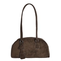 Minimalist dark brown suede bowling bag with long handles and silver metal rings - Green