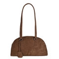 Minimalist brown suede bowling bag with twin shoulder straps on white background - Brown