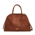 Bolso tote grande de ante marrón con asas dobles y logotipo vintage para uso diario casual - Marrón