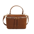 Brown suede vanity bag with quilted texture, gold hardware and top handle strap - Brown