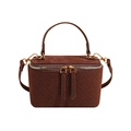 Mini brown suede box bag with woven texture, top handle and golden chain strap - Caramel color