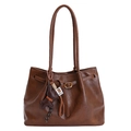 Brown faux leather leopard style underarm tote bag with drawstring and dog charm - With Pendant / Brown