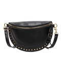Black crescent crossbody bag with gold studs and matte leather finish for women - Black