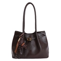 Dark brown leather leopard-print tote bag with cute bear charm and gold buckles - With Pendant / Brown