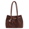 Brown leopard print tote bag with suede texture and a cute leather bear charm - With Pendant / Leopard Brown