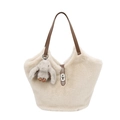 Große beige Plüsch-Tragetasche mit braunen Ledergriffen und grauem Hasen-Anhänger - Mit Anhänger / Aprikose
