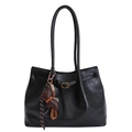 Large black leather tote bag with elegant gold buckle and brown pony charm detail - With Pendant / Black