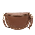 Classic caramel brown half moon saddle bag with golden rivets and adjustable strap - Khaki