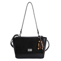 Borsa a tracolla nera retrò con patchwork in pelle scamosciata e nappa di legno - Con Ciondolo / Nero