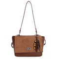 Borsa a tracolla in pelle e camoscio marrone con perline in legno e chiusura a scatto - Con Ciondolo / Marrone