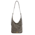 Borsa a spalla minimalista in pelle scamosciata grigio scuro con tracolla regolabile e oro - Verde