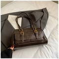 Dark brown leather bowling bag with gold buckle pockets and long handles for women - Coffee without Pendant