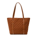 Bolso tote acolchado de ante marrón con correas de cuero y remaches plateados - Rojo
