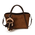 Retro brown suede bucket bag with top handle, detachable strap, and cute bear charm - With Pendant / Brown