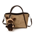 Retro khaki suede bucket bag with dark brown trim and a cute plush bear charm - With Pendant / Khaki