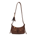Borsa baguette retrò in pelle scamosciata marrone con nappa e doppie tasche frontali - Marrone