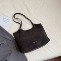Dark brown suede tote bag with white stitching and Fashion & Bags text print - Without Pendant / Gray