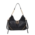 Bolso hobo retro de cuero negro con cadena dorada y cremalleras decorativas chic - Negro