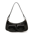 Bolso retro de piel charol negra con detalle de lazo y bolsillos delanteros dobles - Negro