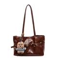 Dark brown glossy leather tote bag with a decorative buckle and a cute puppy plush charm - With Pendant / Brown