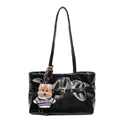 Minimalist black oil-wax leather tote bag with glossy finish and dog plush charm - With Pendant / Black