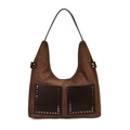 Borsa hobo retrò in pelle scamosciata marrone con borchie e ampia tracolla di design - caffè