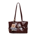 Luxurious dark wine red pleated tote bag with golden buckle and cute bear charm - With Pendant / Brown