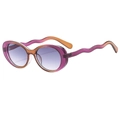 Oval purple and amber gradient sunglasses with unique wavy temples and tinted lenses - Tea Purple Frame Gradient Gray Lens