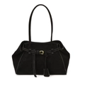 Grand sac cabas en daim noir avec surpiqûres blanches et boucle dorée élégante - Noir