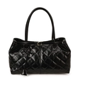 Glossy black quilted tote bag with classic diamond stitching and long shoulder straps - Black