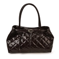 Deep burgundy quilted patent leather tote bag with glossy finish and retro metal buckles - Brown